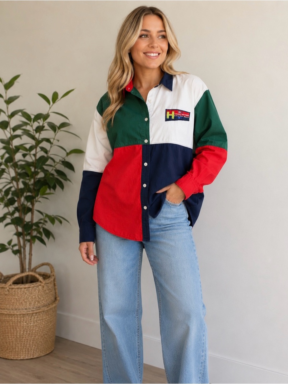 Tommy Hilfiger Vintage 1990s  Sailing Gear block-colored button up shirt, guc,XL